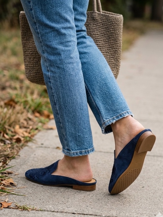 Geox Shoes - Geox Respira Blue Suede Intricate Embroidery Mule Loafers Flats
